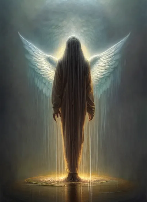 Image similar to an angel standing in front of man in rain, fine art, intricate, elegant, highly detailed, realistic hair, centered, digital painting, art station, conceptual art, soft, sharp focus, illustration, artwork, artgerm, tomasz alen kopera, peter mohrbacher, donato giancola, wlop, boris vallejo