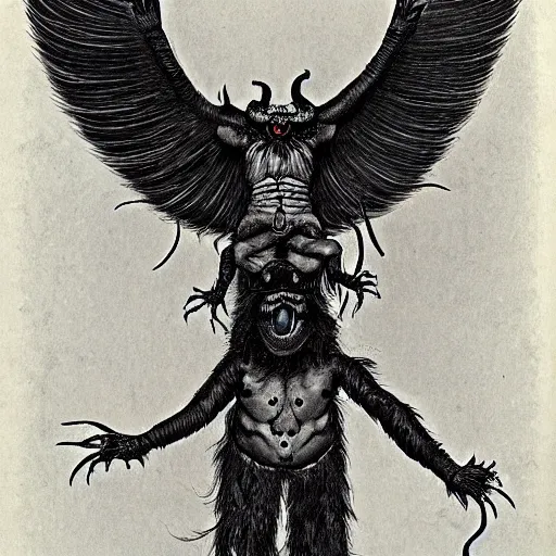 Prompt: pazuzu He stands on two legs and has human arms ending in claws, with two pairs of wings, a scorpion's tail, a snake that emerges from between his legs in front, and a horned, bearded head with bulging eyes and snarling canine mouth swirls of black gouache, hopeless grey, and a daub of cold blue, intricate, highly detailed, digital painting, artstation, concept art, smooth, sharp focus, illustration, Unreal Engine 5, 8K, art by artgerm and greg rutkowski and alphonse mucha, fantasy epic digital art, epic fantasy card game art