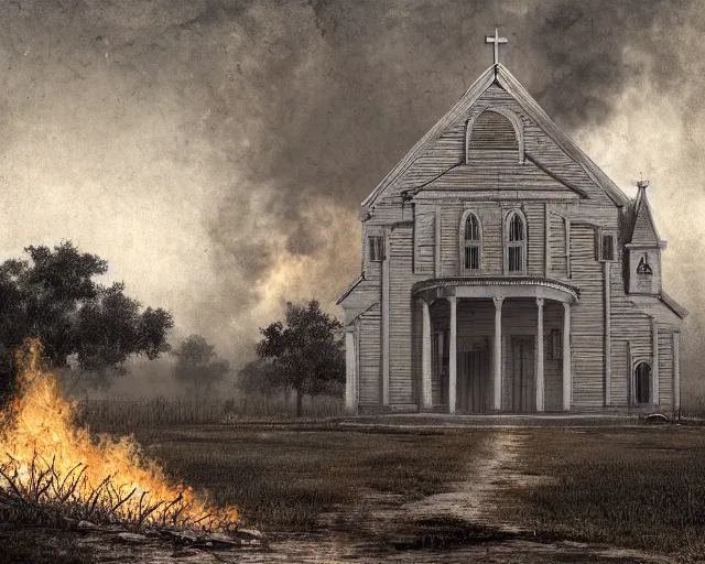 Image similar to Burning white old church, 19th century southern gothic scene, typical louisiana background, digital art, highly detailed, intricate, sharp focus, Trending on Artstation HQ, deviantart, 4K UHD image