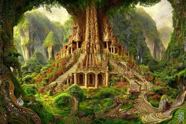 Prompt: a beautiful and highly detailed digital painting of an intricately designed elven temple in a lush valley, psychedelic patterns, intricate details, epic scale, 8 k, sharp focus, photorealism, artstation, cgsociety, by caspar friedrich, albert bierstadt, james gurney, alex grey, brian froud,