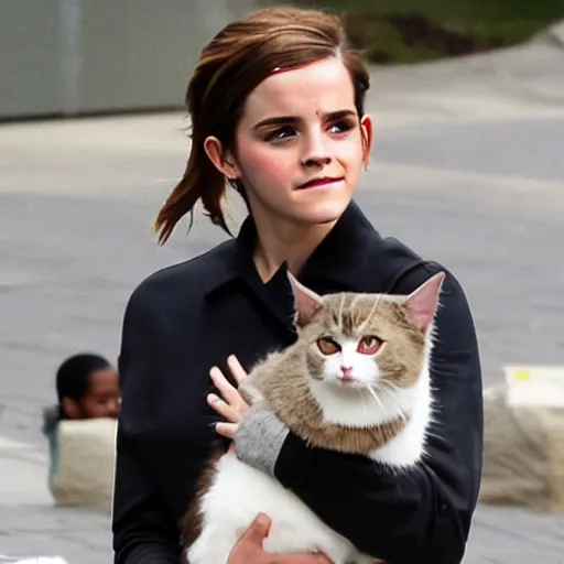 Image similar to Emma Watson and Kanye west holding cats