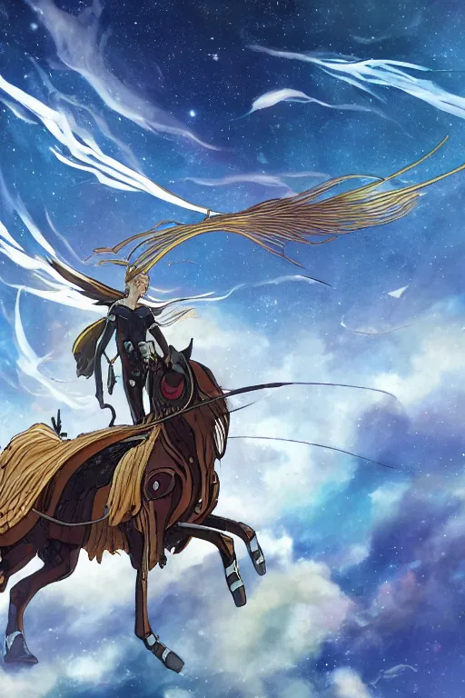 Image similar to a mechanical horse with wings flying across glimmering stairways to otherworldly galaxies, high intricate details, rule of thirds, golden ratio, cinematic light, anime style, graphic novel by fiona staples and dustin nguyen, by beaststars and orange, peter elson, alan bean, studio ghibli, makoto shinkai