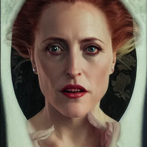 Prompt: portrait of Gillian Anderson as a lady vampire, 35mm, depth of field, DOF, ominous, sharp, highly detailed, photorealistic, realistic, unreal 5, high, definition, 8k, artstation, donato giancola, irwin penn, Alphonse Mucha