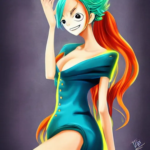 Prompt: digital painting of a gorgeous anime one piece nami portrait, bodycon dress, clear clean face by Ross Tran