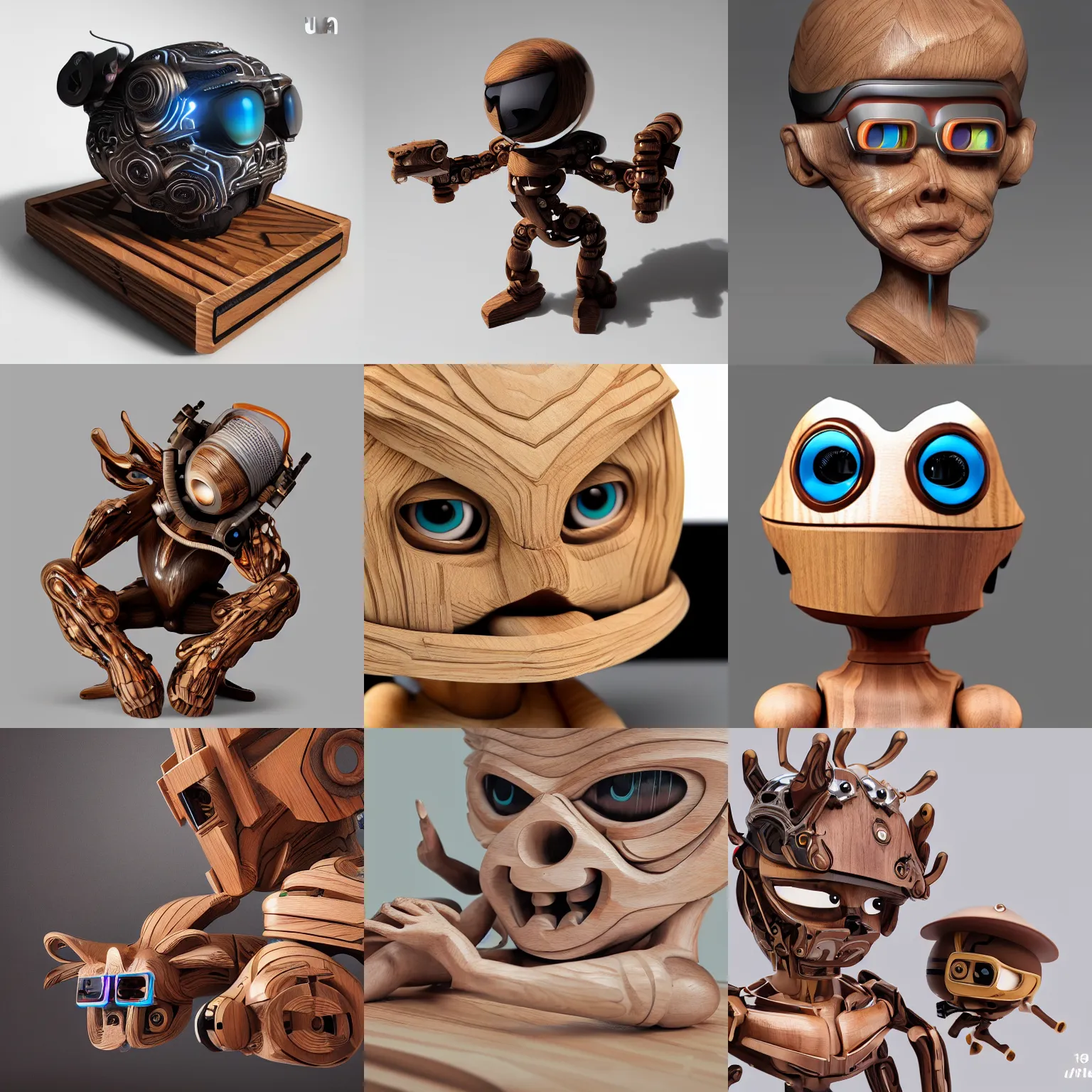 Prompt: ultra realistic 8k octa photo, wooden art toys on base , cute cyber gods , hyperdetailed, concept art ,art gallérie