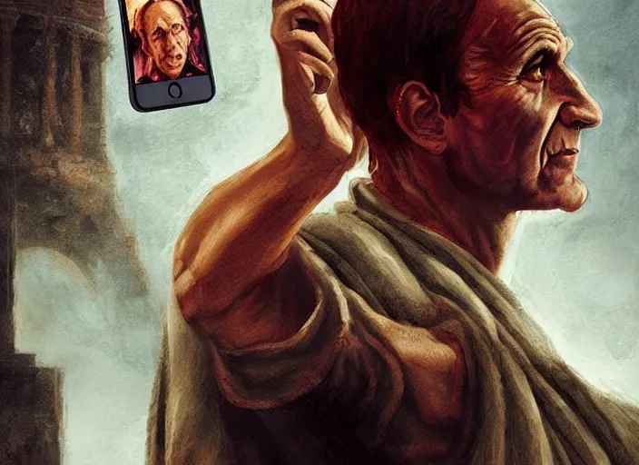 Prompt: julius caesar taking a selfie with an iphone as rome burns behind him by charlie bowater and john howe