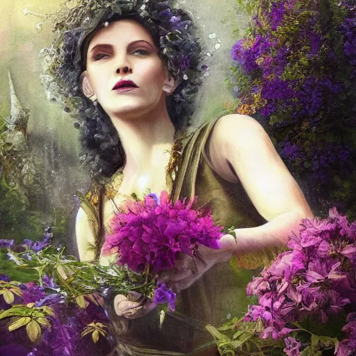 Prompt: a beautiful painting of Circe the witch picking up flowers, detailled, HD, realistic.