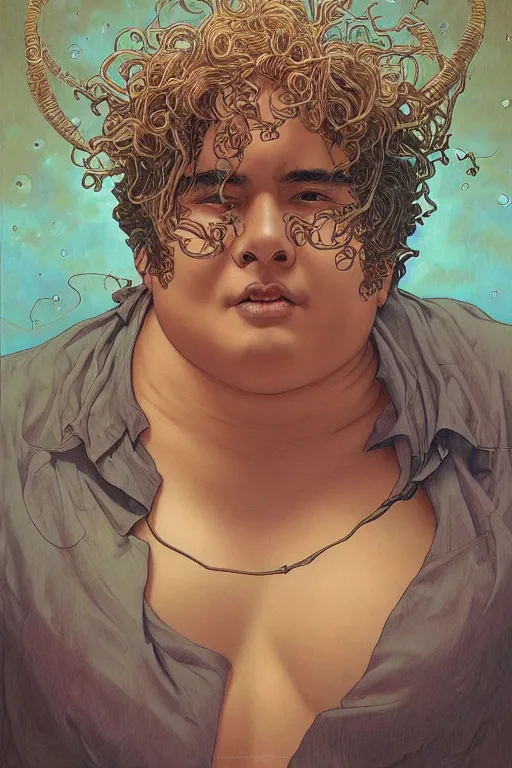 Image similar to a young chubby mexican man with curly hair, by artgerm and yoshitaka amano and moebius and hr giger and zdislaw beksinski and alphonse mucha, hyperdetailed, symmetry, glamour, surreal, dc comics, ornate, stunning, nebula, explosions in the sky, trending on artstation