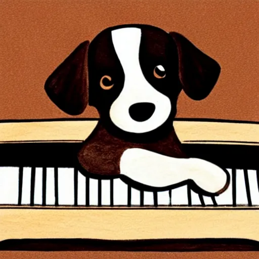 Prompt: a cute brown and white spaniel playing a grand piano, illustration, hand draw