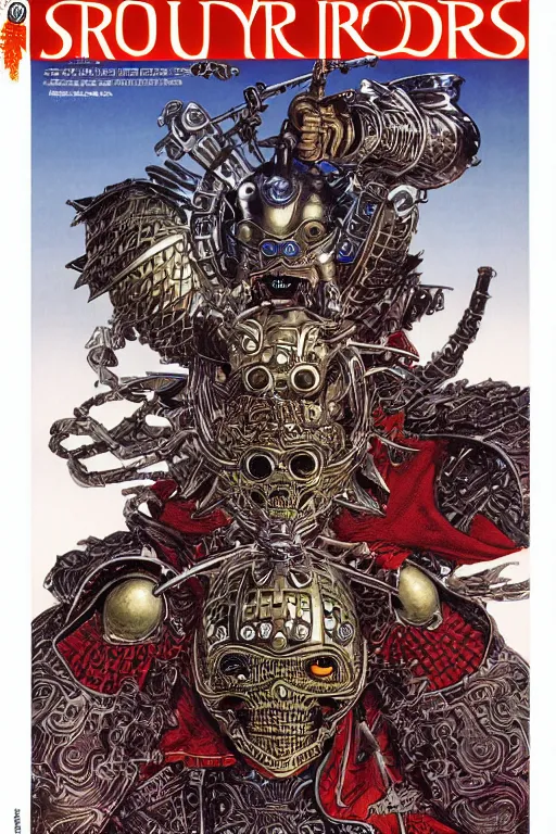 Image similar to magazine cover of crazy roborts skeletor warrior with the tang dynasty of china armor and helmet, by yoichi hatakenaka, masamune shirow, josan gonzales and dan mumford, ayami kojima, takato yamamoto, barclay shaw, karol bak, yukito kishiro