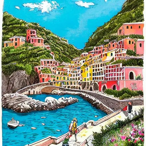 Image similar to illustration, french bande dessinée, final fantasy, mediterranean landscape, quaint village, bright colors, cinq terre, highly detailed, luminous