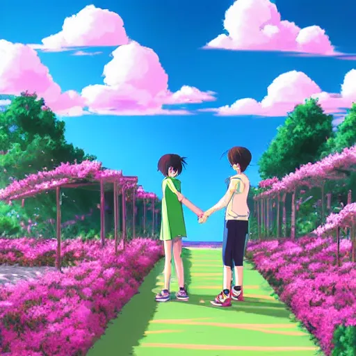 Prompt: a beautiful anime style illustration of one girl and one guy sitting on football bleachers holding their hands, background shot, by makoto shinkai, pink theme, heavenly lighting, breathtaking clouds, blue sky, colourful flowers in garden in side, high polycut, green tall trees