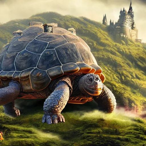 Image similar to giant tortoise with a large fantasy castle rising from the top of it, distant shot birds eye view, fantasy, hyper detailed, 4 k, howls moving castle, mortal engines, kaiju,