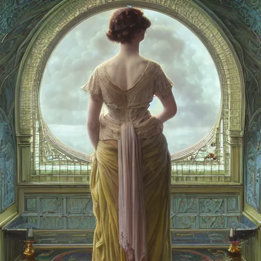 Prompt: a very detailed portrait painting of Vesper Lynd, a very detailed french room, a very detailed dramatic rainy sky, light particles, environment drawn by Donato Giancola and Tom Bagshaw, Edmund Leighton, character design by Alphonse Mucha, 4k, volumetric lighting, french nouveau, komorebi, award winning, octane render, hyperrealistic