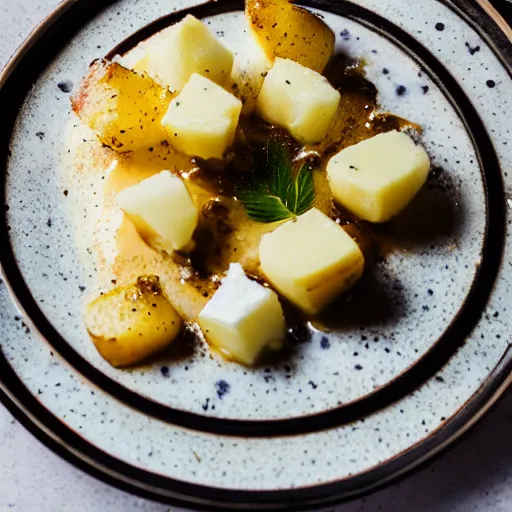 Prompt: dslr photograph of a michelin starred restaurant dish of potatoes, goat cheese and honey foam, 4 0 mm f 2