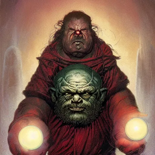 Image similar to head and shoulders portrait of a bloated blind dwarf with glowing red eyesockets, d & d, fantasy, greg rutkowski, frank frazetta, alexandre chaudret, boris vallejo, michael whelan, miro petrov, hr giger, magali villeneuve, donato giancola