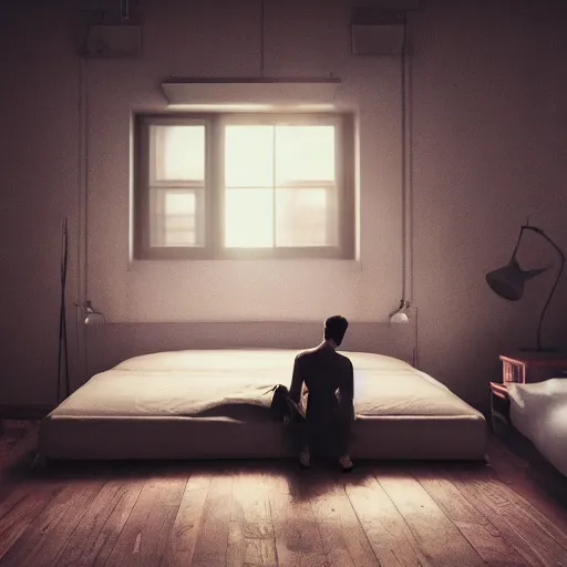 Image similar to lonely man crying by the side of his bed, dslr, 8 k, octane beautifully detailed render, sad mood, cinematic lighting, detailed photo, masterpiece, volumetric lighting, ultra realistic, highly detailed, high quality, lossless, photorealistic