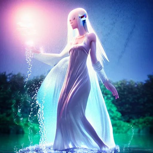 Prompt: hyper realistic, advanced digital art, style of final + fantasy + 1 5, water goddess wearing a nightgown made of water standing in a lake at night, reflection, 3 8 mm lens, lens flare, water particle in front, depth of field, close up shot, rim lights wlop