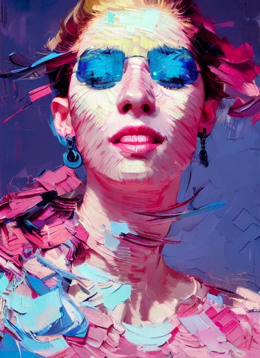 Image similar to portrait of a beautiful bird, smiling, ecstatic, dancing, eyes closed, open mouth, shades of pink and blue, beautiful face, rule of thirds, intricate outfit, spotlight, by greg rutkowski, by jeremy mann, by francoise nielly, by van gogh, digital painting