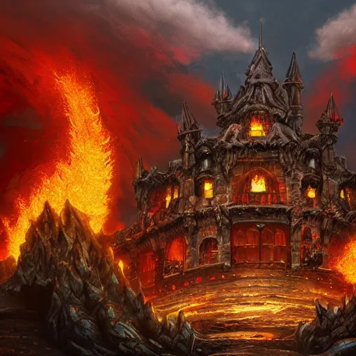 Image similar to the exterior of bowser's castle, epic, fantasy art, dark fantasy, illustration, flames, lava, oil painting, artstation, hyper detailed, thwomps, oil painting, intricate
