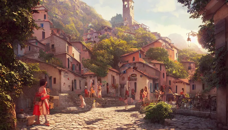 Image similar to very very small italian village, by ilya kuvshinov, rtx rendering, octane render 1 2 8 k, maya, extreme high intricate details by tom bagshaw, medium shot, close up shot, composition by sana takeda, lighting by greg rutkowski