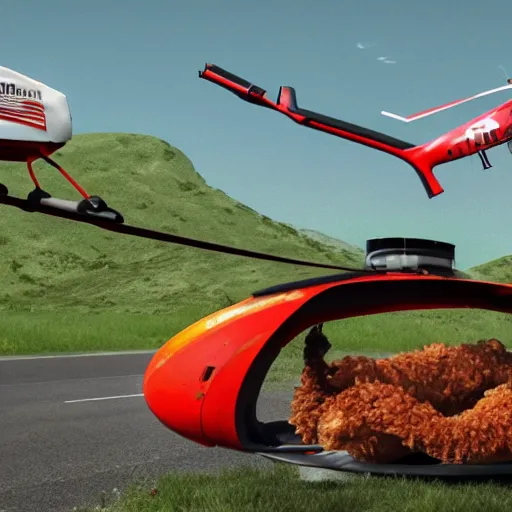 Prompt: a crashed helicopter next to a giant fried chicken, 8k resolution, amazing detail