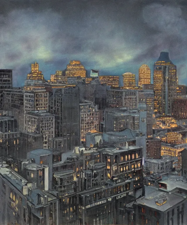 Image similar to horrifying full color photorealistic painting of a 1 9 2 5 hotel terrace overlooking a distored view of downtown boston with a cosmic sky, dark, atmospheric, brooding, smooth, finely detailed, cinematic, epic, in the style of lee gibbons