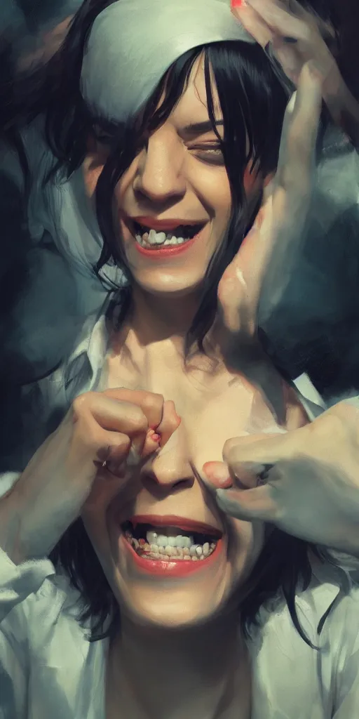 Image similar to Every Mia Wallace ever laughing at you, Darek Zabrocki, Karlkka, Jayison Devadas, Phuoc Quan, trending on Artstation, 8K, ultra wide angle, pincushion lens effect