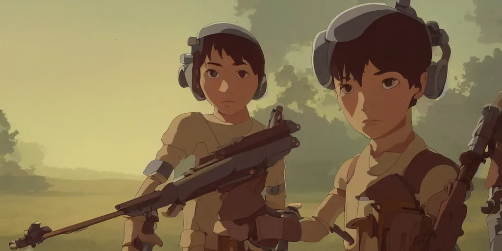Prompt: a stylized 2 d cinematic keyframe of a cyborg child soldier, joy gaze, cel - shaded, classical animation, edge - to - edge print, rendered by studio ghibli, artgerm, alyssa monks, andreas rocha, david kassan, neil blevins, rule of thirds, golden ratio, ambient lighting