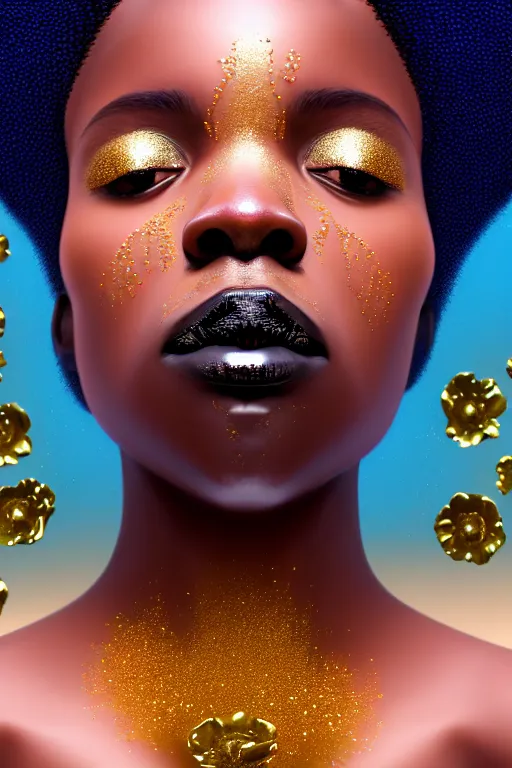 Prompt: hyperrealistic precisionist cinematic profile very expressive! black oshun goddess, in water! up to shoulders, mirror dripping droplet!, gold flowers, highly detailed face, digital art masterpiece, smooth eric zener cam de leon, dramatic pearlescent turquoise light on one side, dutch angle uhd 8 k, deep focus