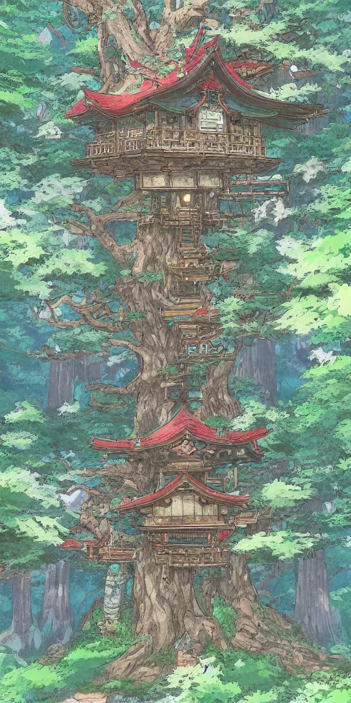 Image similar to detailed japanese treehouse shrine, breath of the wild, hyrule, studio ghibli artstation, 3 5 mm