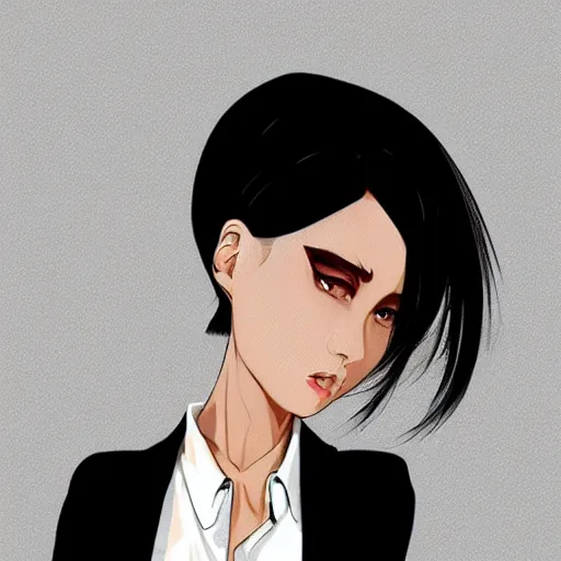 Image similar to beautiful slim cruel business girl in tuxedo with black bob hair, elegant, 2d, ultra highly detailed, digital painting, smooth, sharp focus, artstation, trending on artstation, art by Ilya Kuvshinov