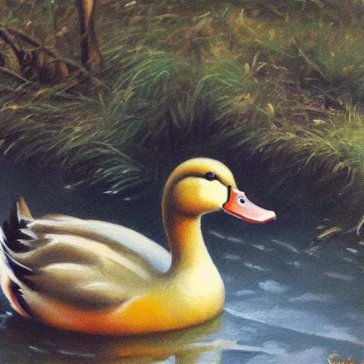 Prompt: a duck on the prowl oil painting ernest fuchs