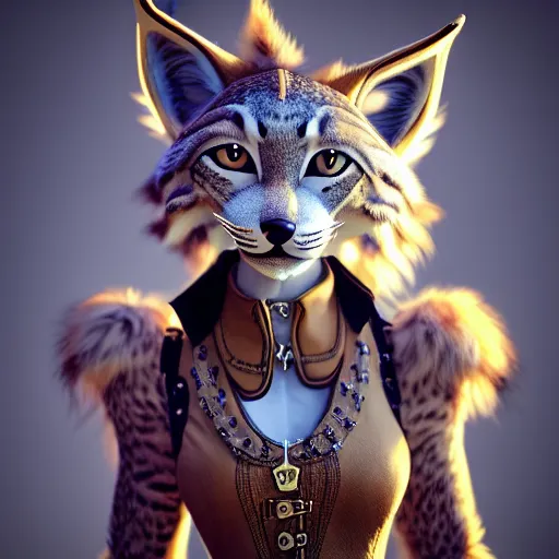 Prompt: anthropomorphic lynx fursona bowing, standing with her back, wearing steampunk suit with lynx head, tail, paws, no boots, by tanidareal, irakli nadar, view from behind, intricate linework, unreal engine, photorealistic 3 d render, furry art, furaffinity, bright sun backlight, white fur, thin legs