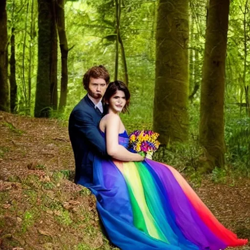 Image similar to picture of gemma arterton wearing a long rainbow wedding gown, sitting in a colorful forest