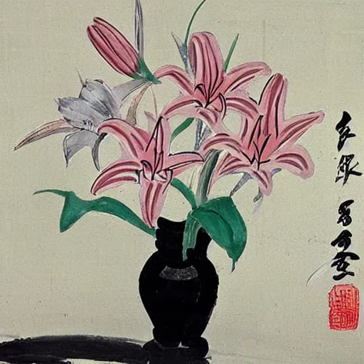 Prompt: A painting of a vase of lilies by painter Qi Baishi