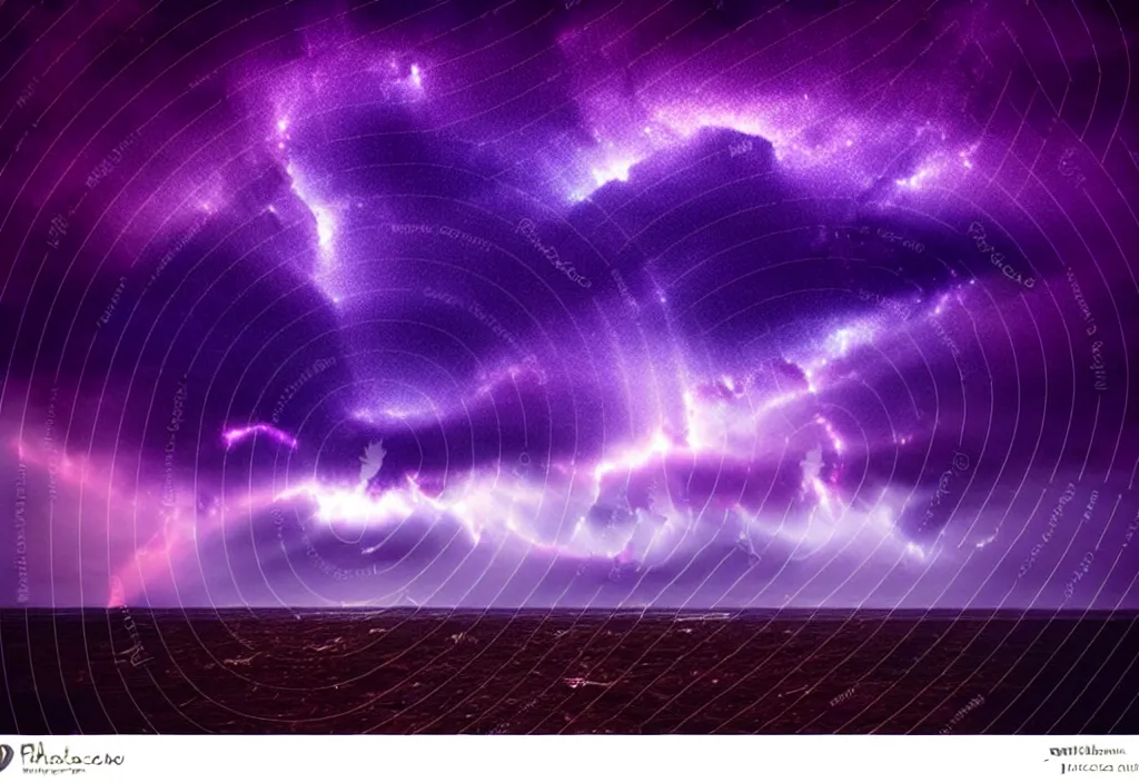 Prompt: purple color lighting storm with stormy sea, pirate ship firing its cannons trippy nebula sky with dramatic clouds 50mm shot fear and loathing movie