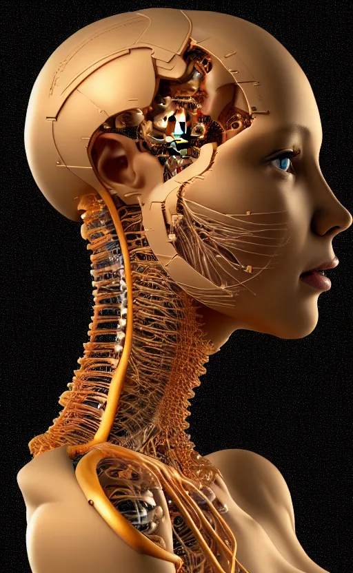 Image similar to 3D render of a beautiful profile face portrait of a female cyborg, 150 mm, golden ratio, Mandelbrot fractal, anatomical, flesh, facial muscles, wires, microchip, veins, arteries, full frame, microscopic, highly detailed, flesh ornate, extra elegant, high fashion, rim light, octane render in the style of H.R. Giger and Bouguereau