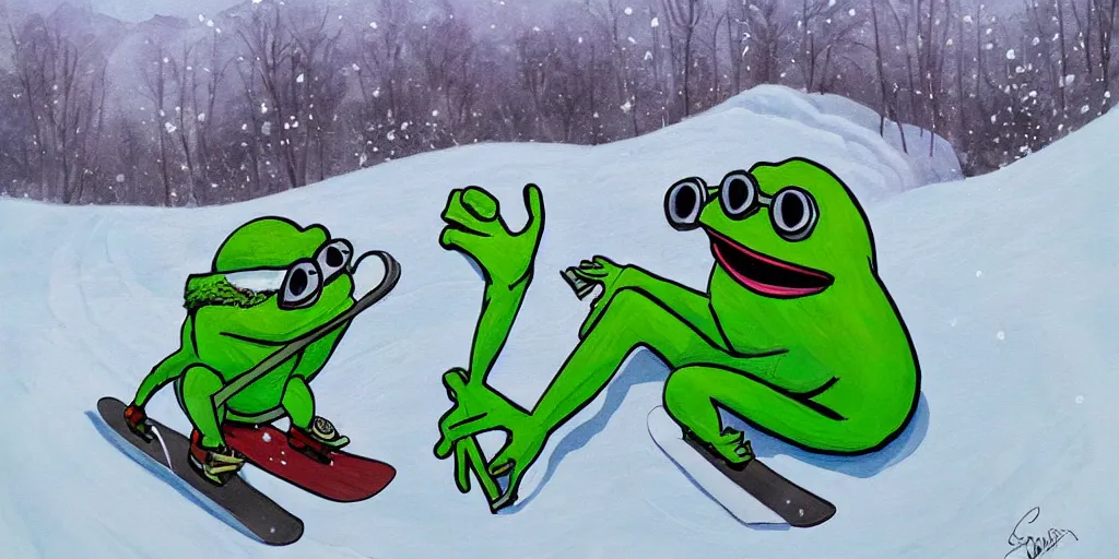 Image similar to pepe the frog snowboarding painted by gustaf cederstrom