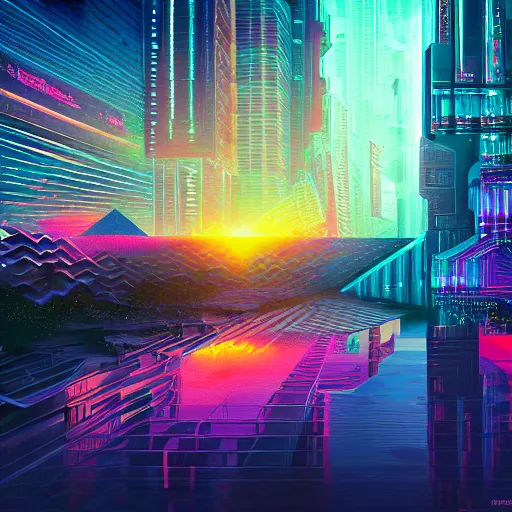 Image similar to matte painting of the sacred geometry of cyberpunk, brilliant colors, extremely detailed, very very detailed, in the style of alena aenami by Alex grey, HD, 4k, 8k