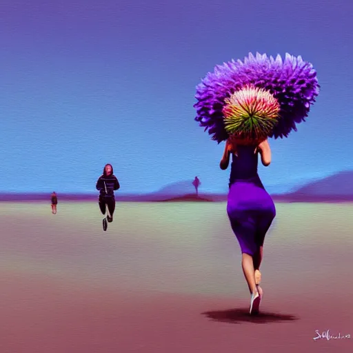 Image similar to portrait, giant purple dahlia flower head, woman running at the beach, surreal photography, sunrise, blue sky, dramatic light, impressionist painting, digital painting, artstation, simon stalenhag