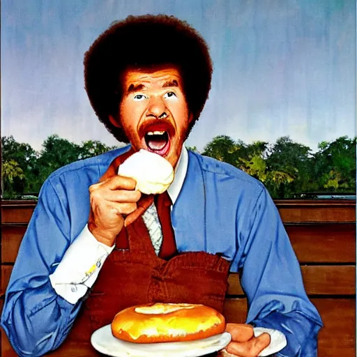 Image similar to bob ross screaming at a donut by norman rockwell