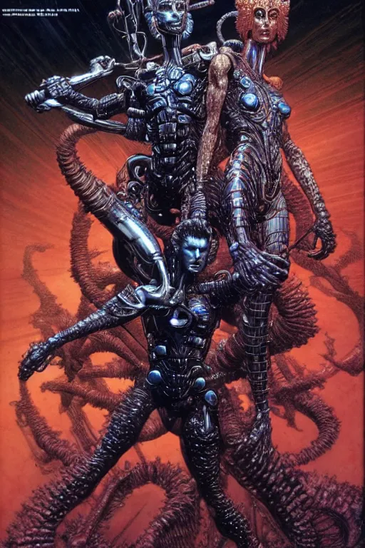 Image similar to a gemini metal hurlant character in action pose, ultra realistic, wide angle, intricate details, blade runner influence, highly detailed by wayne barlowe, hajime sorayama aaron horkey, gaston bussiere, craig mullins