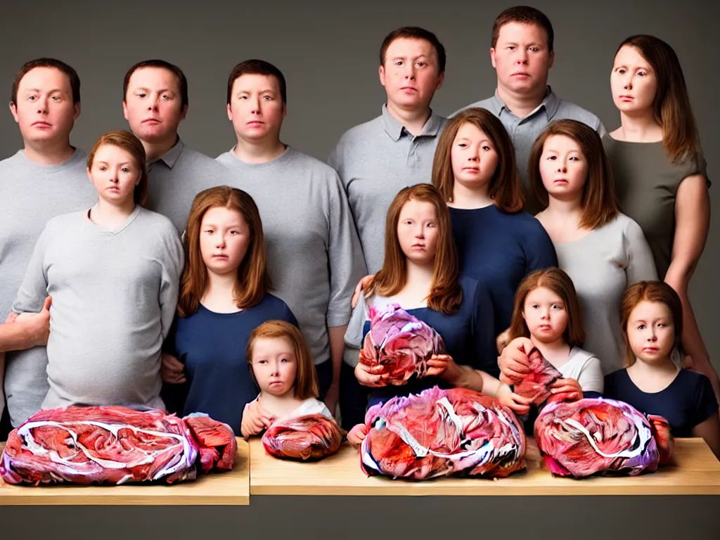 Image similar to portrait of a family having been sewn together and compressed and moulded into a levitating spheroid of meat. perfectly composed, beautiful studio lighting and impeccable focus.
