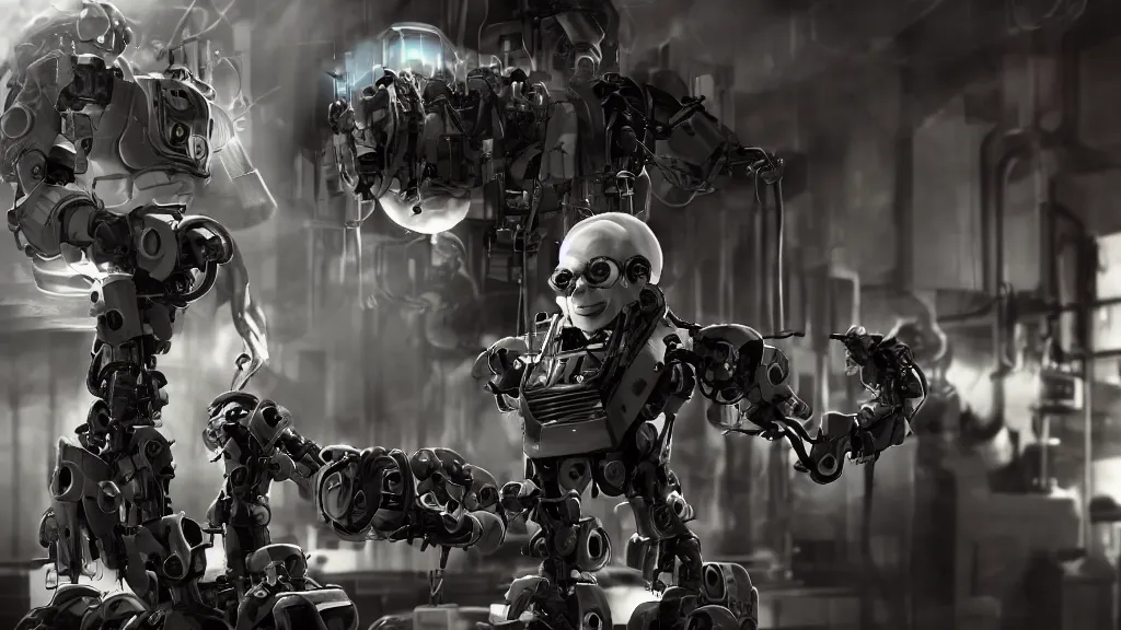 Prompt: ( bernie sanders ) putting the finishing touches on a ( cute ) ( clockwork ) doomsday robot, cinematic moody lighting, sharp focus, imax