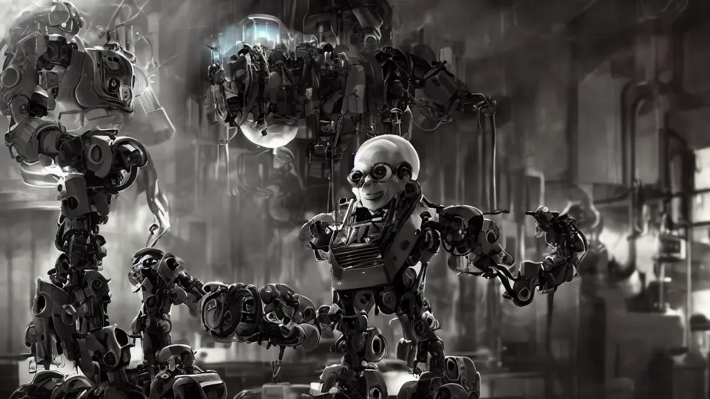 Image similar to ( bernie sanders ) putting the finishing touches on a ( cute ) ( clockwork ) doomsday robot, cinematic moody lighting, sharp focus, imax