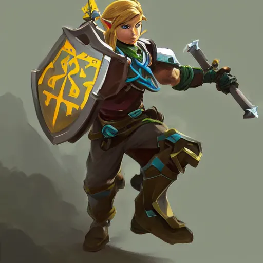 Image similar to greg manchess portrait painting of armored link from legend of zelda as overwatch character, medium shot, asymmetrical, profile picture, organic painting, sunny day, matte painting, bold shapes, hard edges, street art, trending on artstation, by huang guangjian and gil elvgren and sachin teng