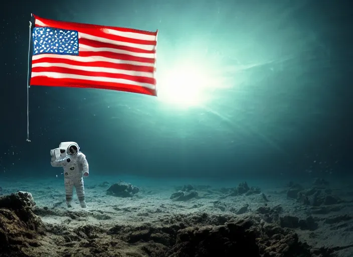 Prompt: astronaut underwater putting a flag in the sand of the bottom of the ocean. there is a futuristic submarine in the distance. dark, concept art, cinematic, dramatic, atmospheric, 8 k, trending on artstation, low visibility, fog, zack snyder