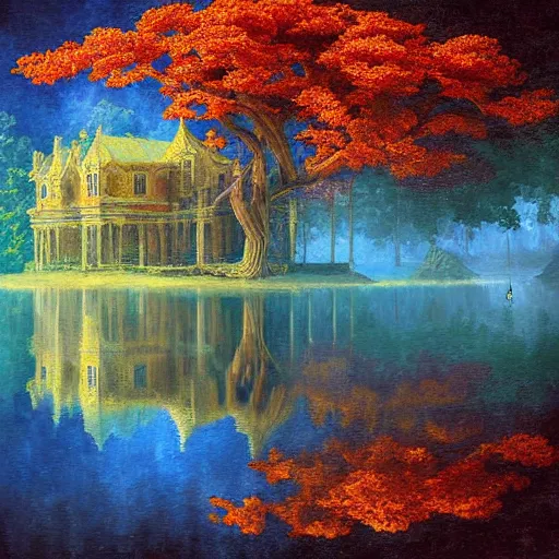 Image similar to lake photograph mansion digital art fantasy ornate depth of field nature photography by m. c. escher, leonid afremov, greg rutkowski, tim white, john howe, rob gonsalves, moebius, benoit mandelbrot