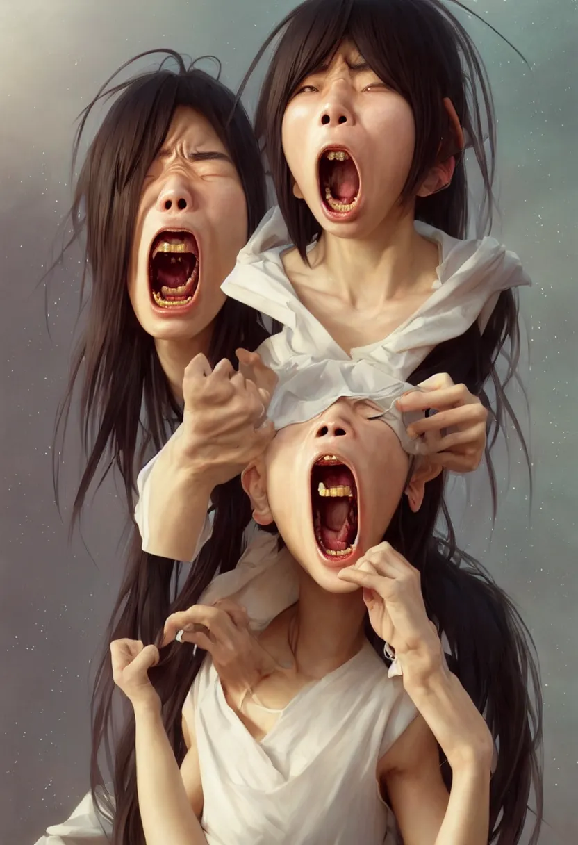 Image similar to beautiful render, waist up portrait of a futuristic cute japanese teenager screaming in anger and frustration, intricate, elegant, highly detailed, digital painting, artstation, concept art, smooth, sharp focus, octane render, dramatic lighting, symmetry, symmetrical face, one head, headshot, art by artgerm and greg rutkowski and alphonse mucha and wlop